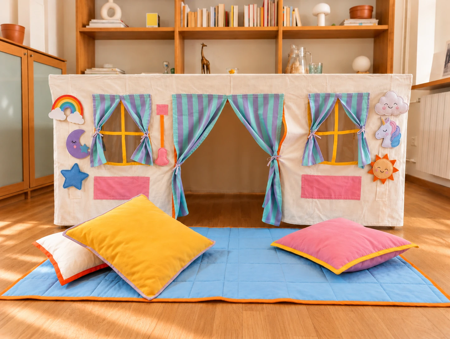 Casa de tela de fantasía montada sobre la mesa, con arcoíris, unicornio, cortinas de rayas y cojines en el suelo.
