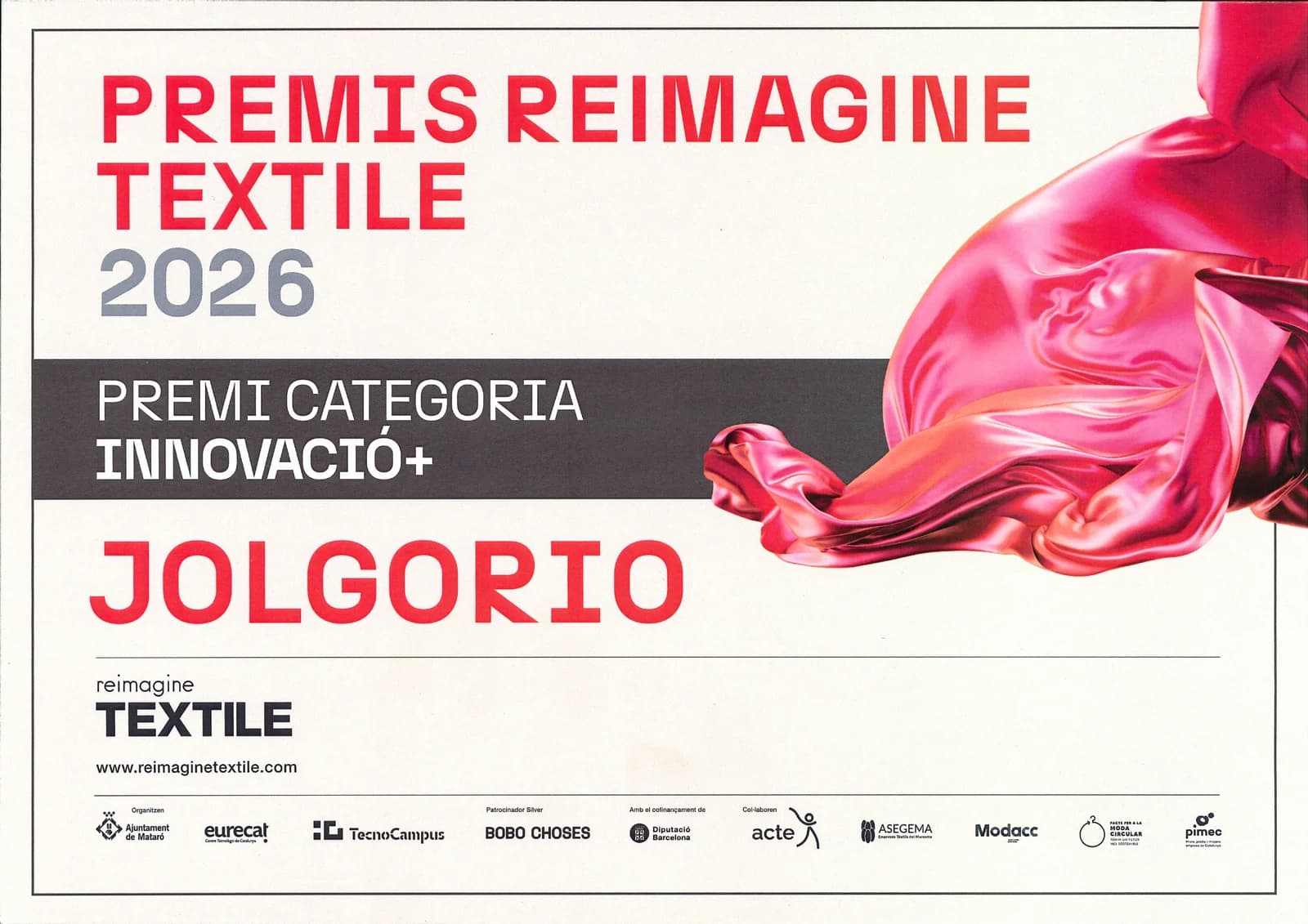 Diploma de los Premis Reimagine Textile 2026: Jolgorio, primer premio en la categoría Innovació+.